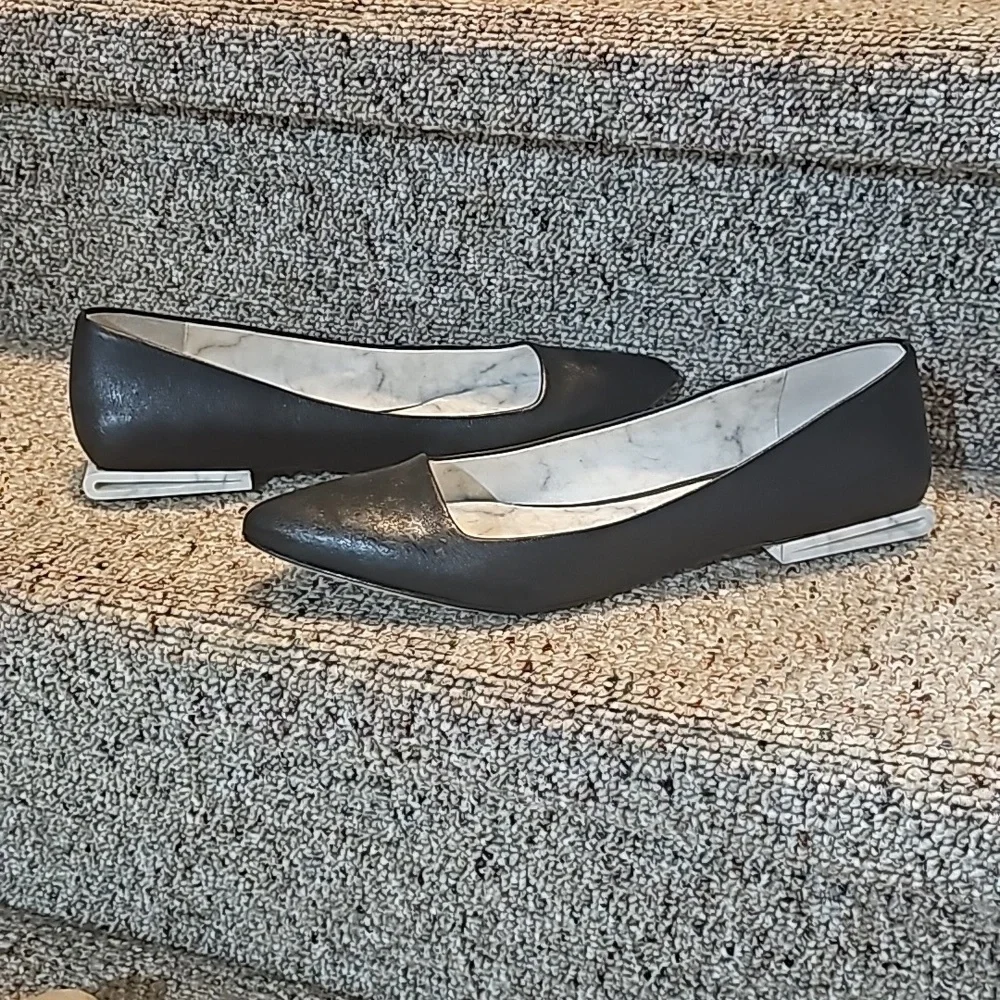 Calvin Klein Black Pointed Toe Flats with Silver Accent Heel
